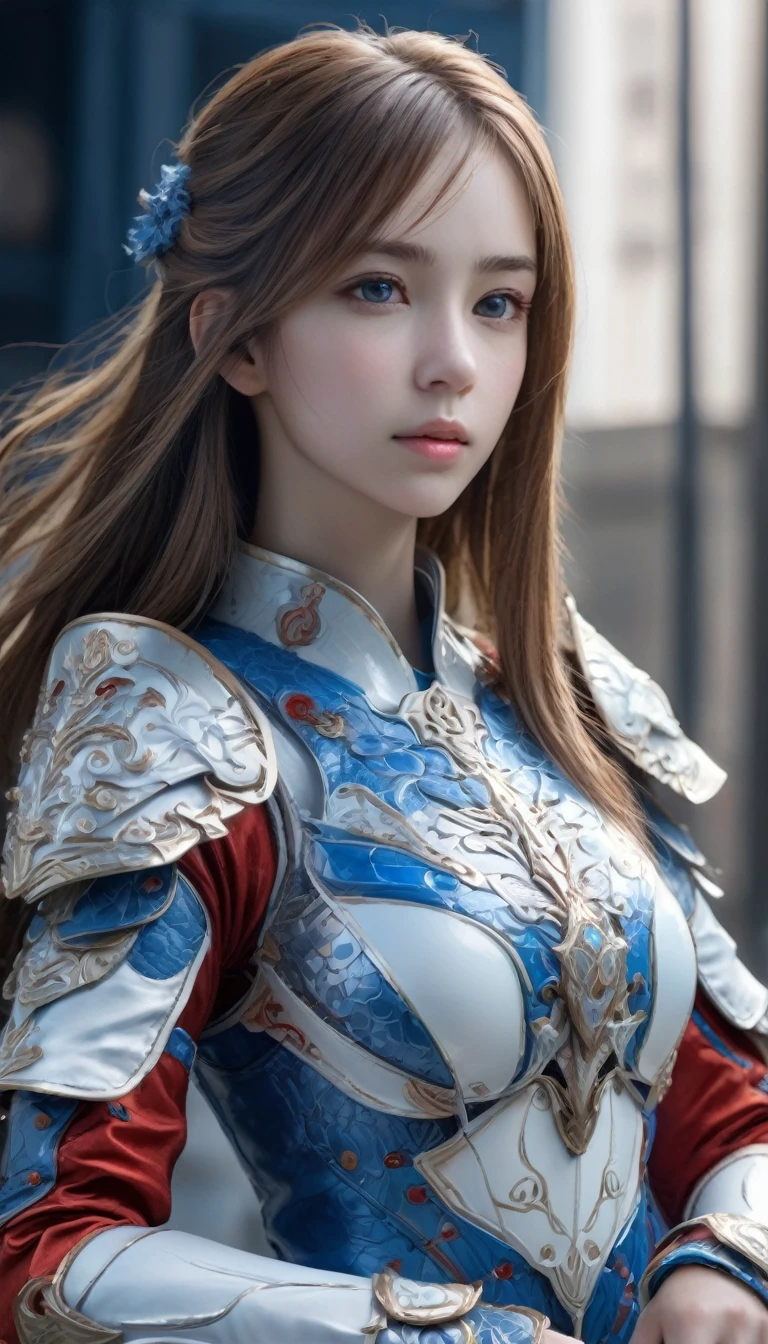 front_watch, Masterpiece, best quality, realistic, raw photos, (1 girl, looking at watcher), long hair, White armor, Complex armor, The pattern is a delicate blue line., Intricate patterns, Red metal parts, As for the details, dynamic gesture, Detailed background, dynamic light,