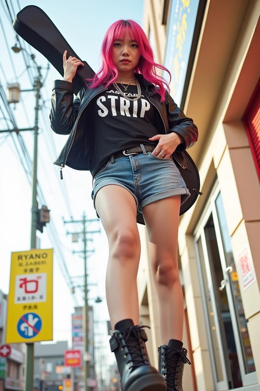 Poster layout for adult video, with text on screen: "The underground rock band vocalist is so cute that I decided to take off her clothes "Ryoko Arisugawa" "AV Debut!"、(((Japanese woman carrying a large black guitar case))), 26 year old adult woman wearing a black crew neck top with large English letters on her chest and short blue jeans posing for a photo, busty female porn actor, dynamic pose, model pose for rock music magazine, unimaginably beautiful woman with slender curves, Japanese female fashion model, (((very bright pink hair))), happy, thick chain jewelry around neck and arms, (((in front of a strip theater in Asakusa))), pure and beautiful smile, intelligent face, slender curves, big breasts, wearing a black t-shirt, a very small leather jacket, denim shorts, (((extreme low angle))), zero, building, carrying a black guitar case with a guitar strap attached