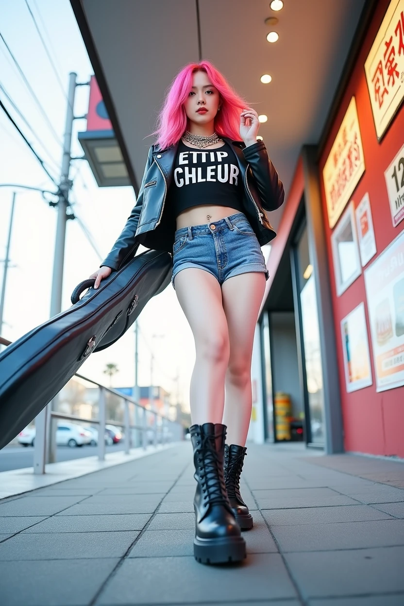 Poster layout for adult video, with text on screen: "The underground rock band vocalist is so cute that I decided to take off her clothes "Ryoko Arisugawa" "AV Debut!"、(((Japanese woman carrying a large black guitar case))), 26 year old adult woman wearing a black crew neck top with large English letters on her chest and short blue jeans posing for a photo, busty female porn actor, dynamic pose, model pose for rock music magazine, unimaginably beautiful woman with slender curves, Japanese female fashion model, (((very bright pink hair))), happy, thick chain jewelry around neck and arms, (((in front of a strip theater in Asakusa))), pure and beautiful smile, intelligent face, slender curves, big breasts, wearing a black t-shirt, a very small leather jacket, denim shorts, (((extreme low angle))), zero, building, carrying a black guitar case with a guitar strap attached