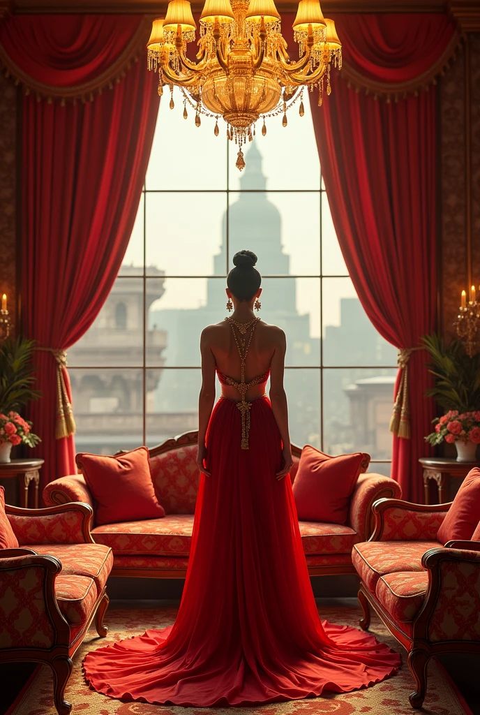 Generate an image of  luxurious window city room with elements like jewelry, a grand chandelier, or a lavish setting, which shows hidden bollywood royalty  make it in red and bright golden