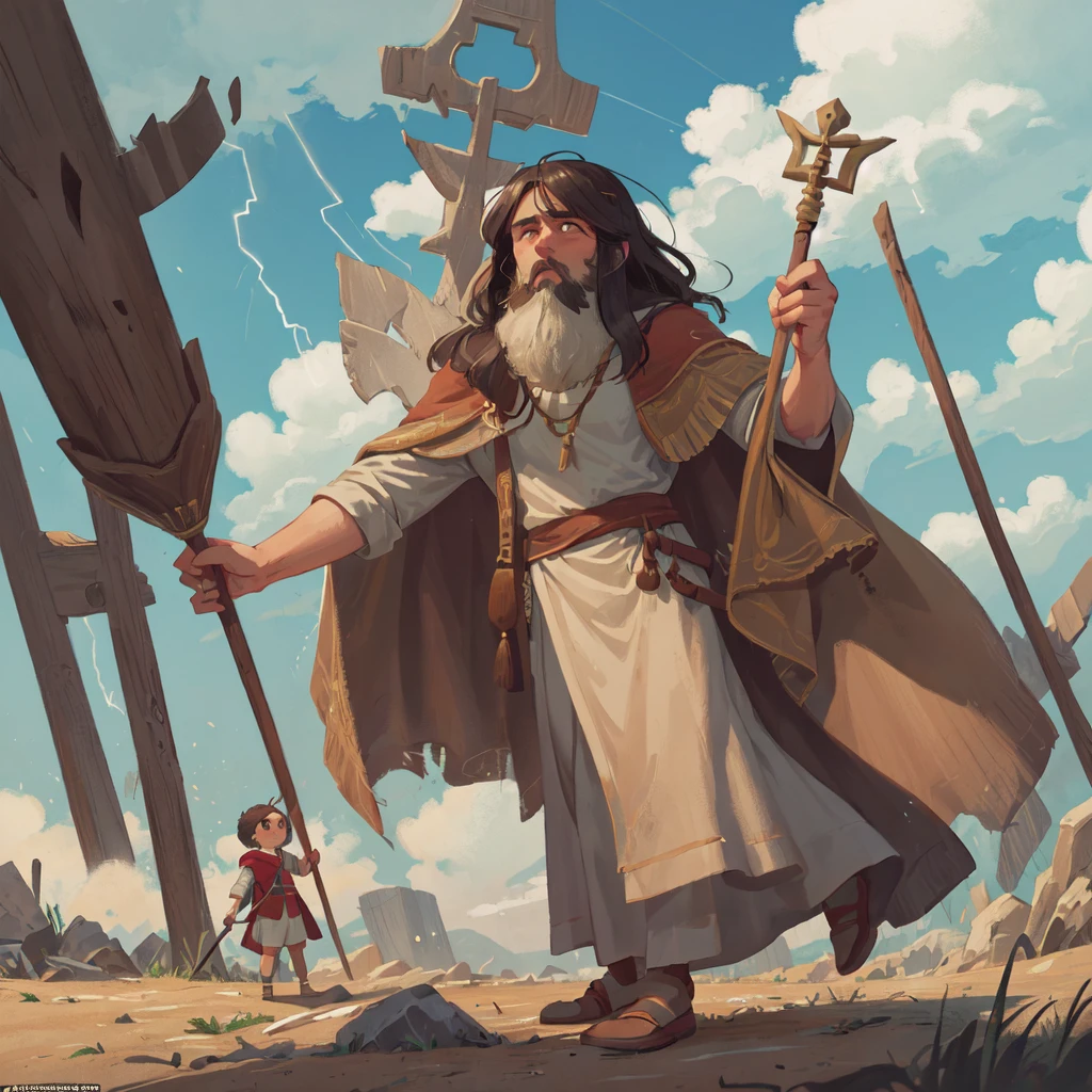 Scene: The adult Moses, dressed in a large, simple cloak, with his staff raised to the heavens, he is far from the city of Egypt outside, when he raises his staff there are lightning clouds
