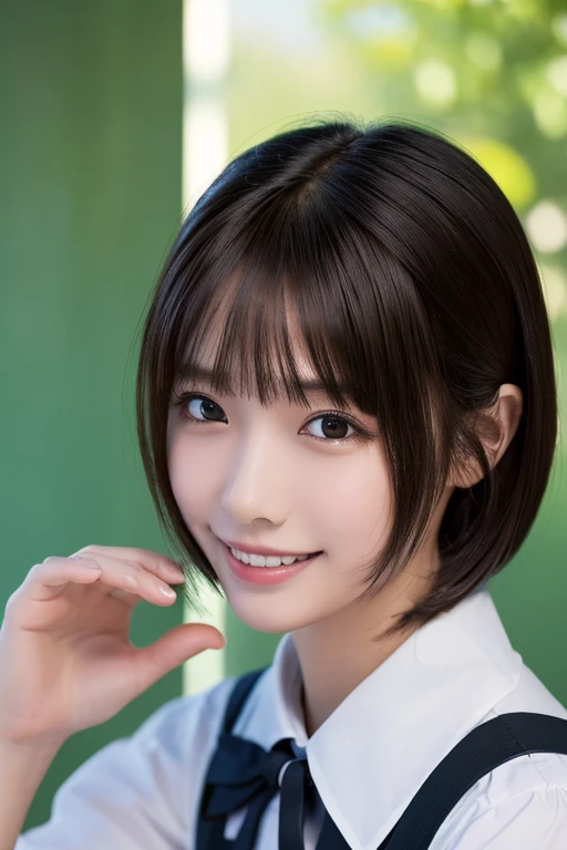 ((masterpiece, Highest quality, High resolution)), 1 Japanese girl, (Realistic: 1.4), Great face, smile、Realistically recreated hands、Realisticな手、Anatomically correct hand、Highly detailed hands、15 years old, Glossy lips、short hair, (Beautiful Hair:1.5),、Maid clothes、See through、School classroom, Side angle, Highly detailed CG composite 8K wallpaper, High resolutionのRAWカラー写真, Professional photography, Light, BackLight, dream-like, impressive, Written boundary depth, (Face close-up:1.5)