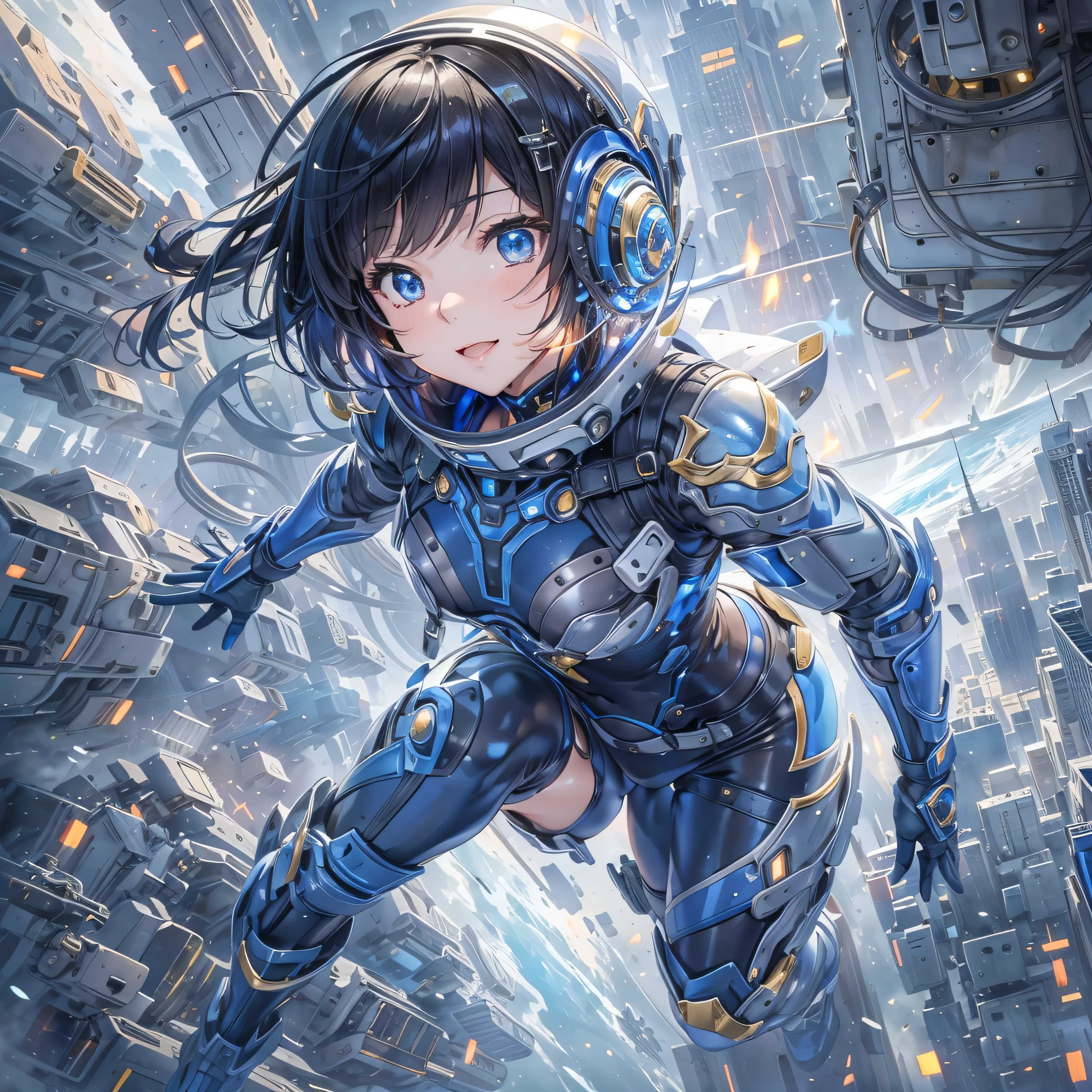 (masterpiece、Highest quality、Highest Resolution、Clear_image、Detailed details、Angle from above): (Whole body、One 20 year old girl、Japanese Faces、Small Face、Slender、Navy blue super short bob cut hair、(Hidden small breasts:1.3)、Sparkling blue eyes、Shiny pilot suit in blue and black colors、Chest protection armor、Tight fitting clothes、Clothing that covers the whole body、Glamorous clothes、Tight Fit Pants、Hide your skin、Very delicate and beautiful、Detailed Skin、hide thighs、Hide your ass、Cute、A gentle smile、Soft expression、heroine、headset、Knee-high boots、Elbow-length gloves、Eye Level Shot、Face directly、Woman on a spaceship)