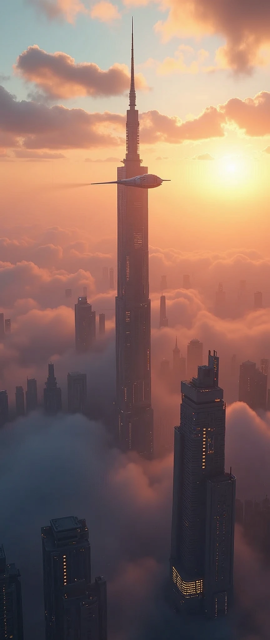 Futuristic city seen from the sky:1.5,morning,beautifulmorning日,Flying Spaceship,Skyscraper,masterpiece,Highest quality,Ultra-high resolution,(Very detailed:1.2),8k,Realistic,Best aesthetics,beautiful