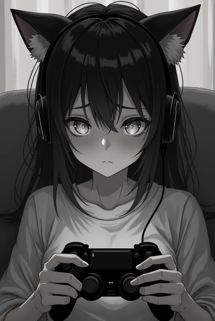 Depressed, sad, black and white, anime girl, gaming, holding a controller, had cat eared headset on, crying