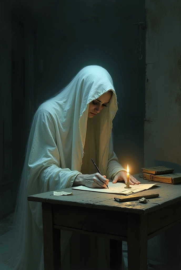 Give me a sad and melancholic picture of a ghost writing