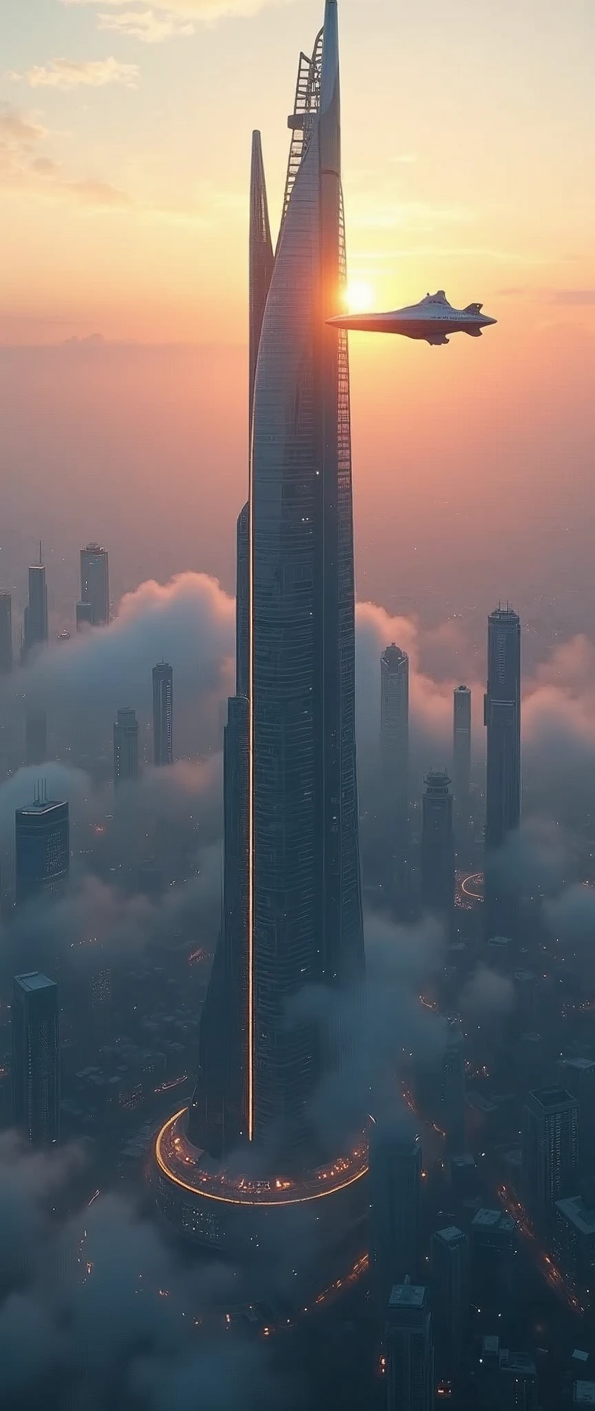 Futuristic city seen from the sky:1.5,morning,beautifulmorning日,Flying Spaceship,Skyscraper,masterpiece,Highest quality,Ultra-high resolution,(Very detailed:1.2),8k,Realistic,Best aesthetics,beautiful