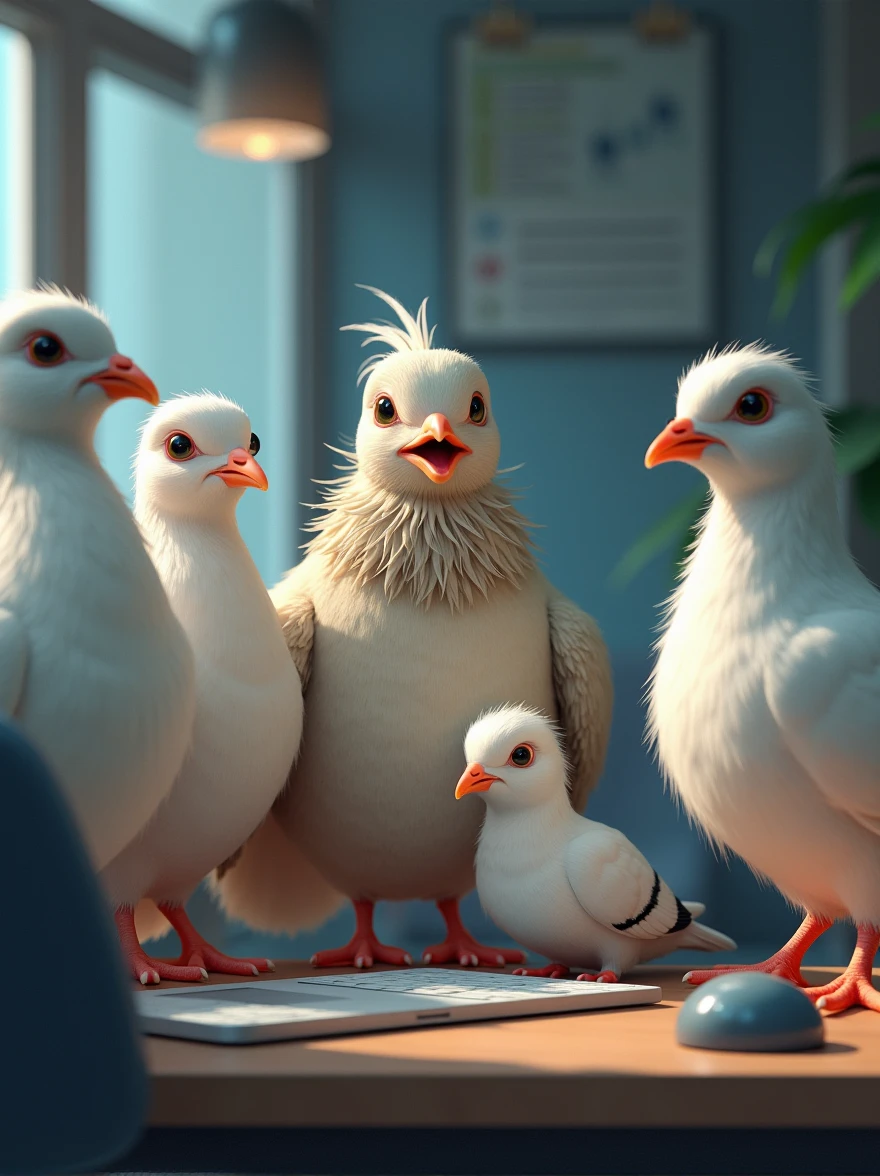 five doves as web developers, one has a big chest and skiny body, one has nice beard, fat body, and friendly face, one has a numb face, one has a fat body no beard and act as the other's leader, and the last is a rich girl