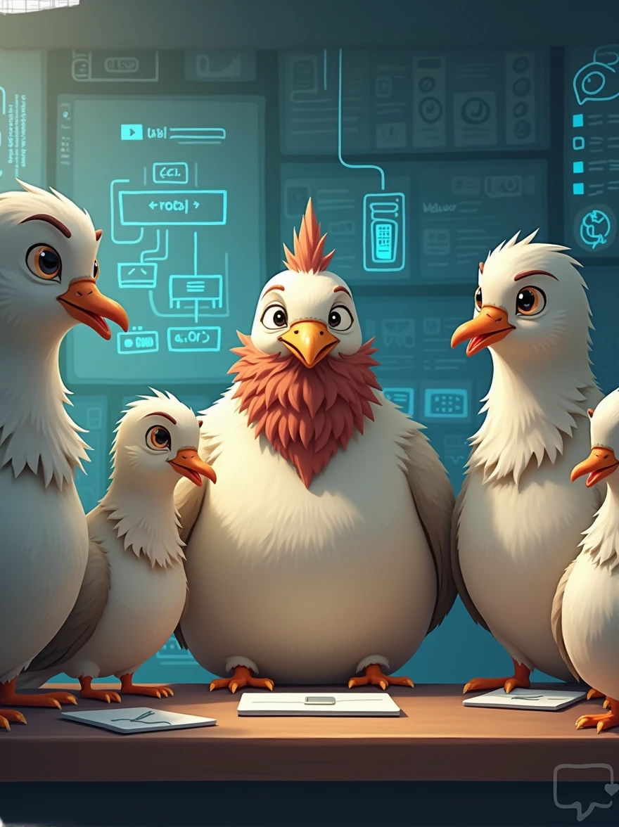 five doves as web developers, one has a big chest and skiny body, one has nice beard, fat body, and friendly face, one has a numb face, one has a fat body no beard and act as the other's leader, and the last is a rich girl