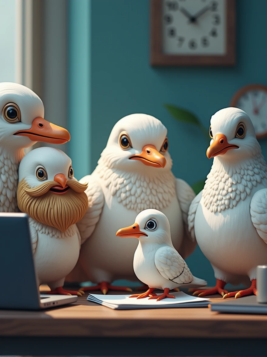 five doves as web developers, one has a big chest and skiny body, one has nice beard, fat body, and friendly face, one has a numb face, one has a fat body no beard and act as the other's leader, and the last is a rich girl