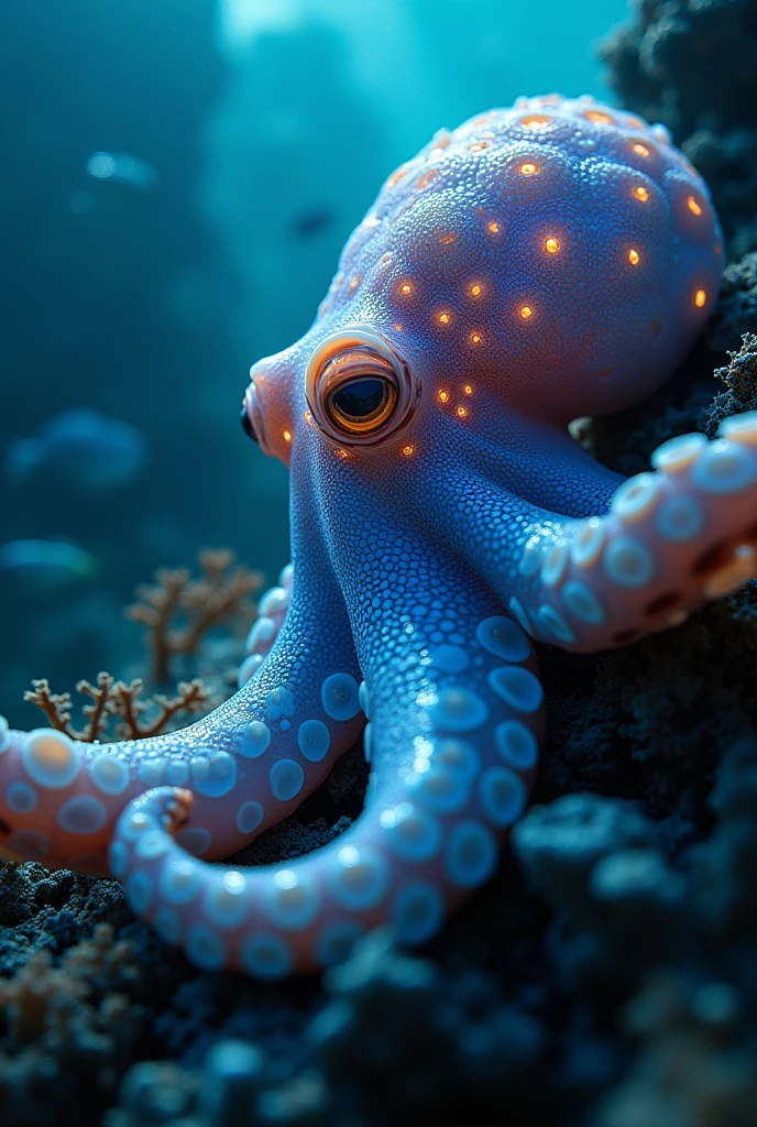 A close-up image of an octopus underwater, with a clear view of its three hearts glowing softly inside its semi-translucent body. The octopus's veins are highlighted in a bright blue, showing the flow of its copper-rich blood. The ocean water around is deep and dark, with faint rays of light penetrating from above. The octopus's eyes are large and curious, reflecting the deep sea environment. Small fish and coral can be seen in the background, adding depth to the scene.