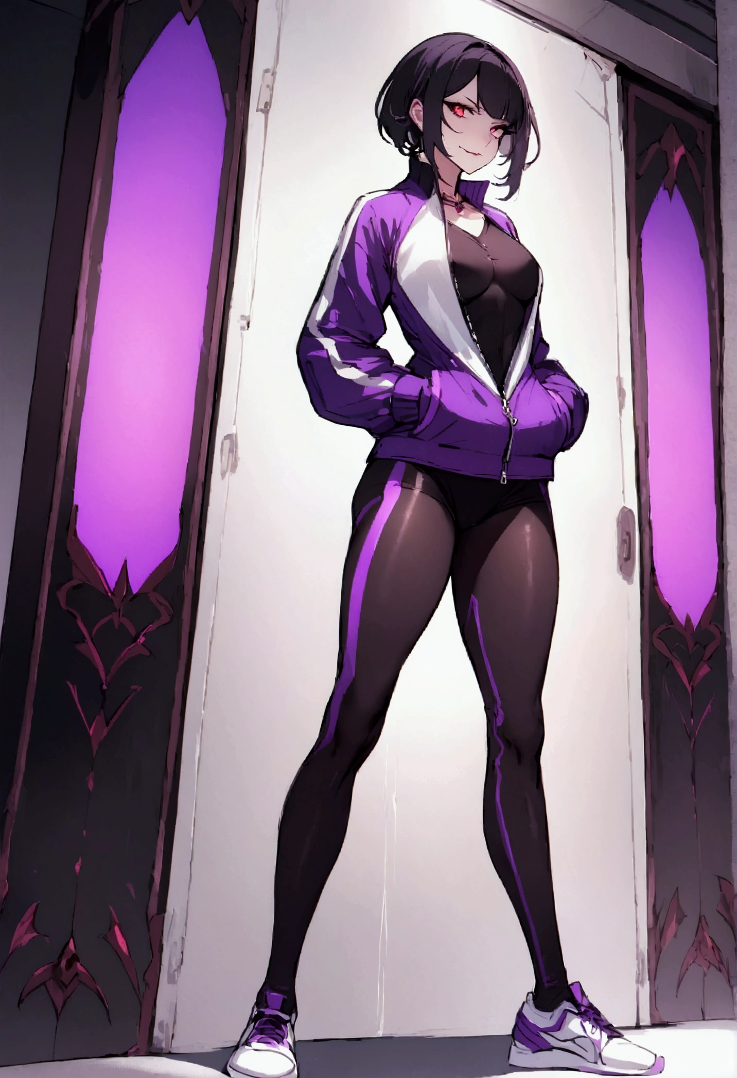 standing,going,sprinting,alone, short hair running track,work of art,face detailed,beautiful young fitness woman with , in a gym wearing May with black pantyhose, white and purple tight short gym jacket. standing alone,red eyes glowing,Evil smile,legging preto ,labiaa,dark eye shadow,shining eyes,neckleace,jacket zipper half open,Tight black shirt,white sports tennis shoes,short hair with purple details,beautiful curves,whole body,hair with purple details,labiaa,detailed face and eyes,work of art,sexy look,pefil from sideways,from sideways,wind in your hair,fully body,glasses on eyes
