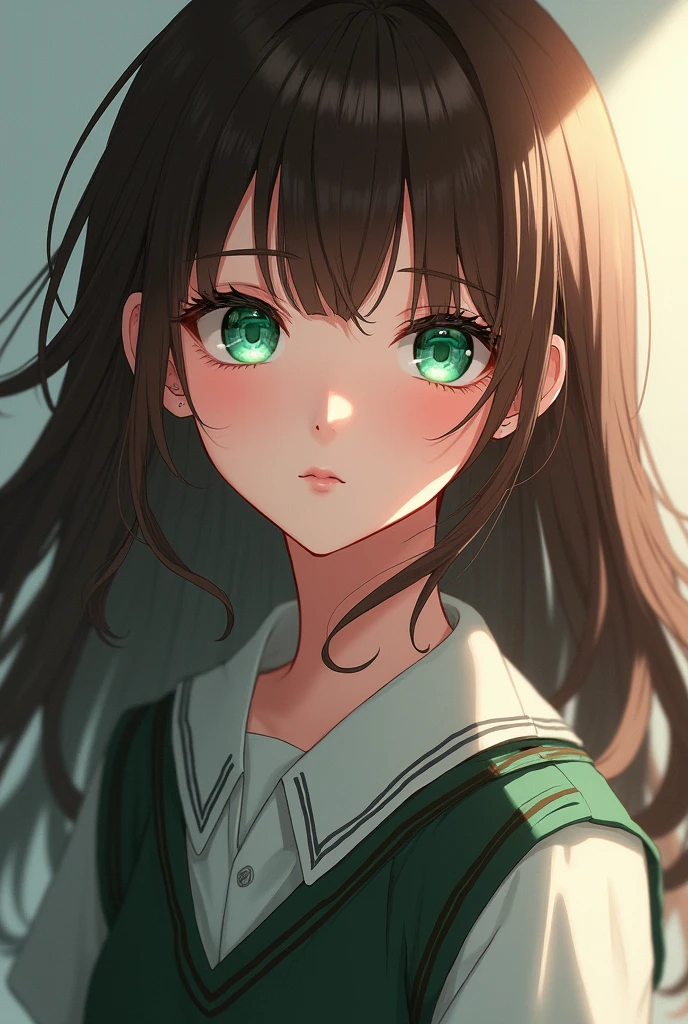 A beautiful emerald eyes girl with long brown hair pale skin and in high school outfit
