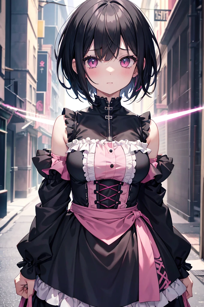 black hair, pink clothes, girl, solo, adult, gothic, (((short hair))), quality\(8k,wallpaper of extremely detailed CG unit, masterpiece,hight resolution,top-quality,top-quality real texture skin,hyper realisitic,increase the resolution,RAW photos,best qualtiy,highly detailed, shoulder