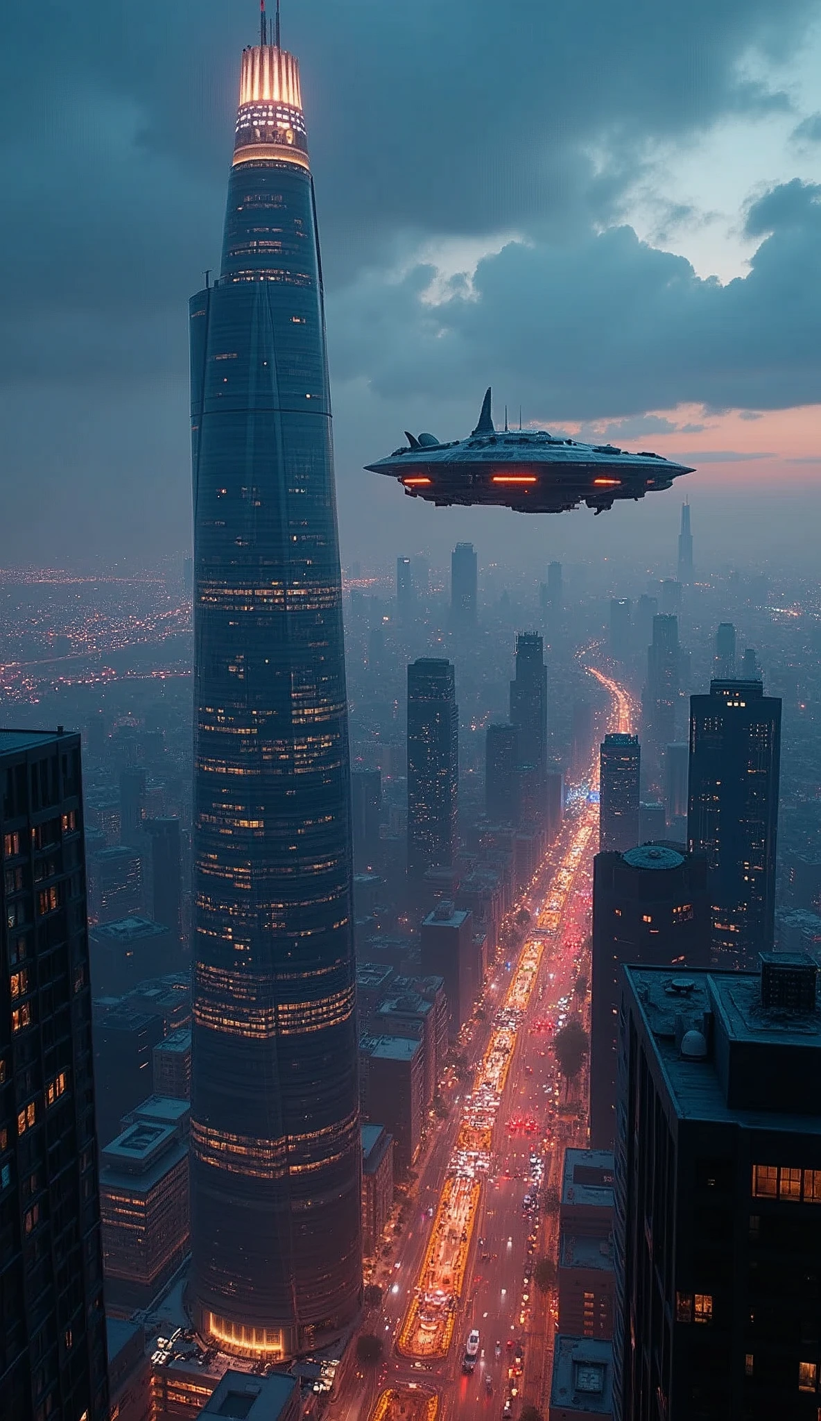 Futuristic city seen from the sky:1.5,night,beautifulnight景,Flying Spaceship,Skyscraper,masterpiece,Highest quality,Ultra-high resolution,(Very detailed:1.2),8k,Realistic,Best aesthetics,beautiful