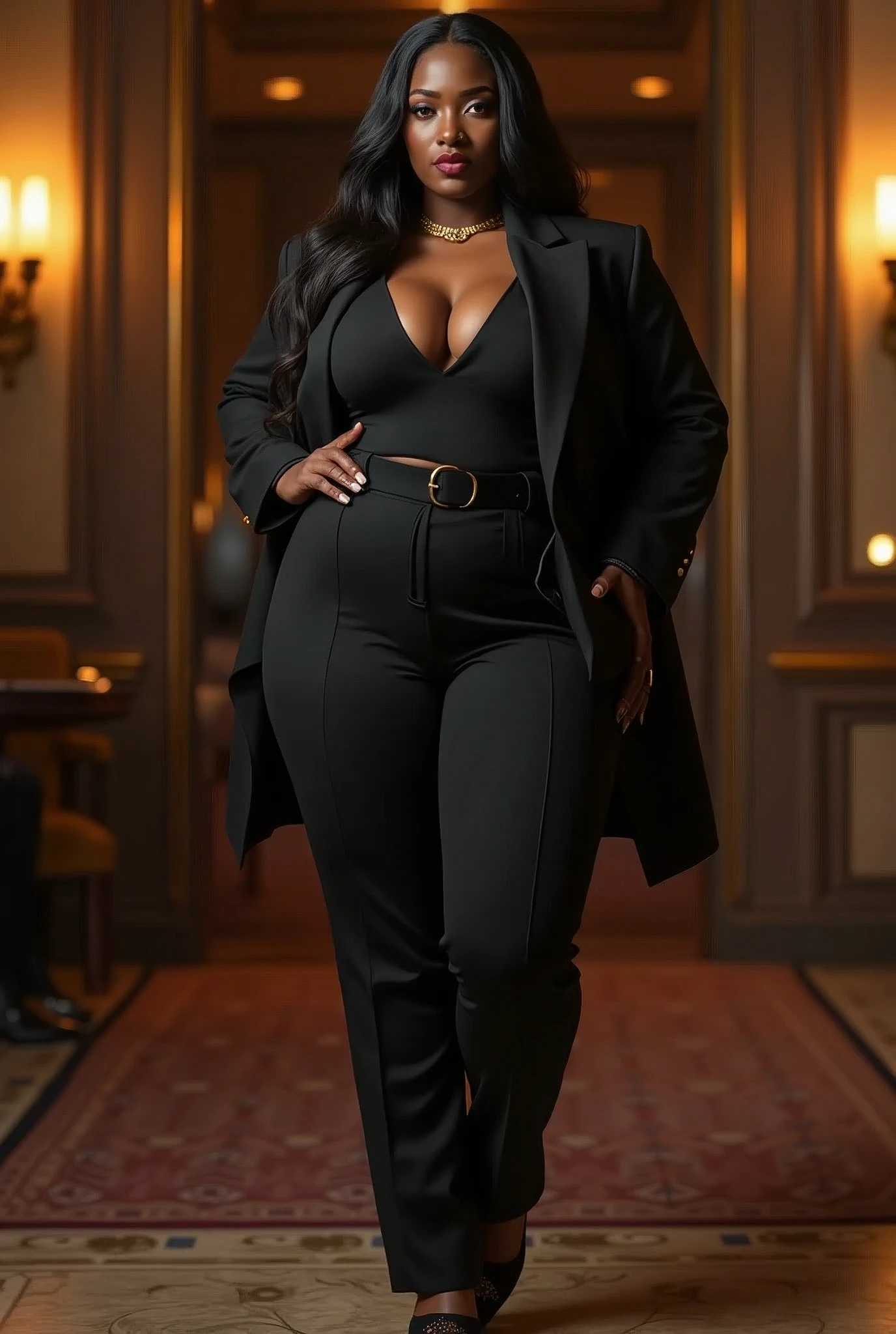 Create a high-resolution realist 3d image of a dark skin toned melanin elegant woman with a findom dominant and commanding persona and Prescence wearing luxurious attire, such as a tailored suits or designer dress, and posed in a confident stance. full body tall and plus size curvey body 5'9 265 lbs This mage should exude power, control, and sophistication, with a hint of mystery. the back ground is lavish hight rise office or a luxurious richly decotated tool reflecting wealth and power