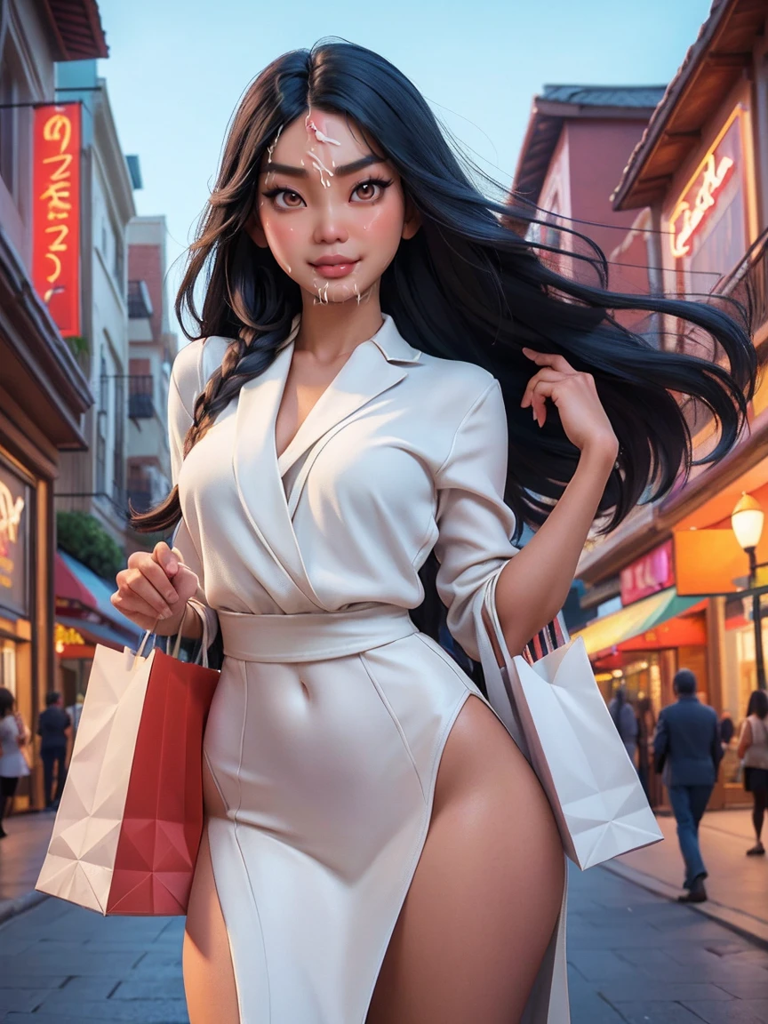 (Nude sexy tanned Polynesian|Asian woman, extremely_long_hair, slanted Asian eyes, hourglass figure, perfect eyeliner:1.2), (masterpiece:1.4, best quality), medium breasts, unity 8k wallpaper, ultra detailed, (shopping in plaza street, blue hour, cum on face and hair, wearing nothing:1.4), alluring pose, upper body, narrow_waist, beautiful and aesthetic, detailed, solo, pubic_hair 