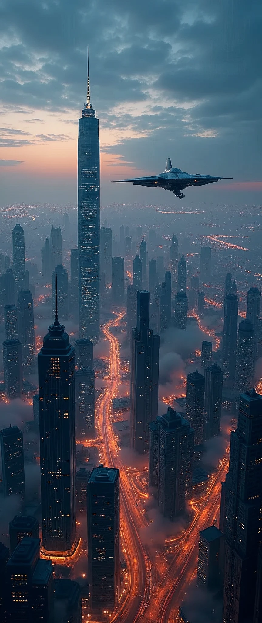Futuristic city seen from the sky:1.5,night,beautifulnight景,Flying Spaceship,Skyscraper,masterpiece,Highest quality,Ultra-high resolution,(Very detailed:1.2),8k,Realistic,Best aesthetics,beautiful