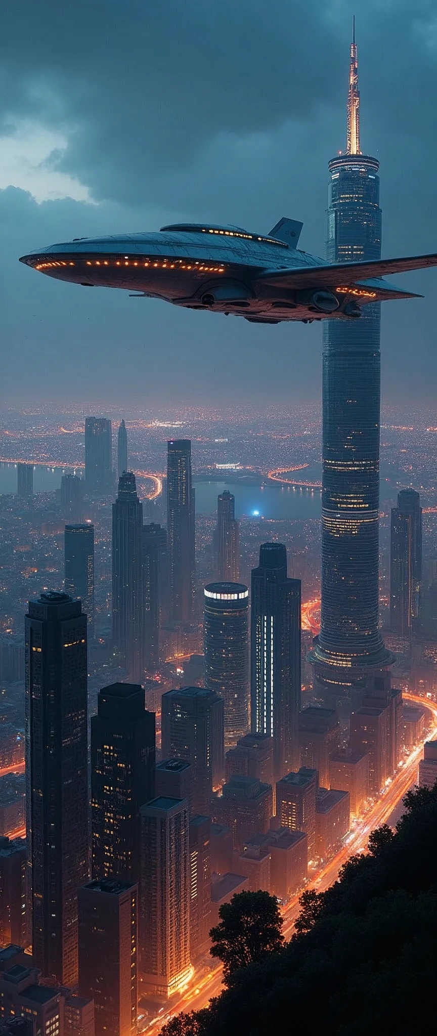 Futuristic city seen from the sky:1.5,night,beautifulnight景,Flying Spaceship,Skyscraper,masterpiece,Highest quality,Ultra-high resolution,(Very detailed:1.2),8k,Realistic,Best aesthetics,beautiful