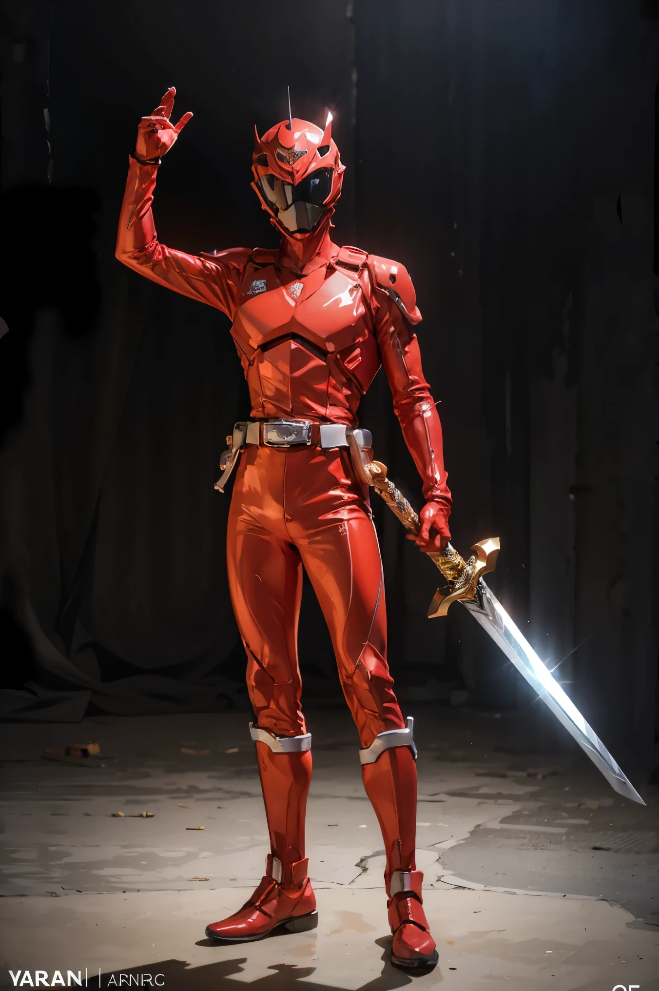1boy, white, full body, Illustration, cinematic light, high resolution, best quality, ultra-detailed, masterpiece, power suit, powerranger, suit, spd, (golden ranger suit), gold detail, (((perfect golden sword with aura))),