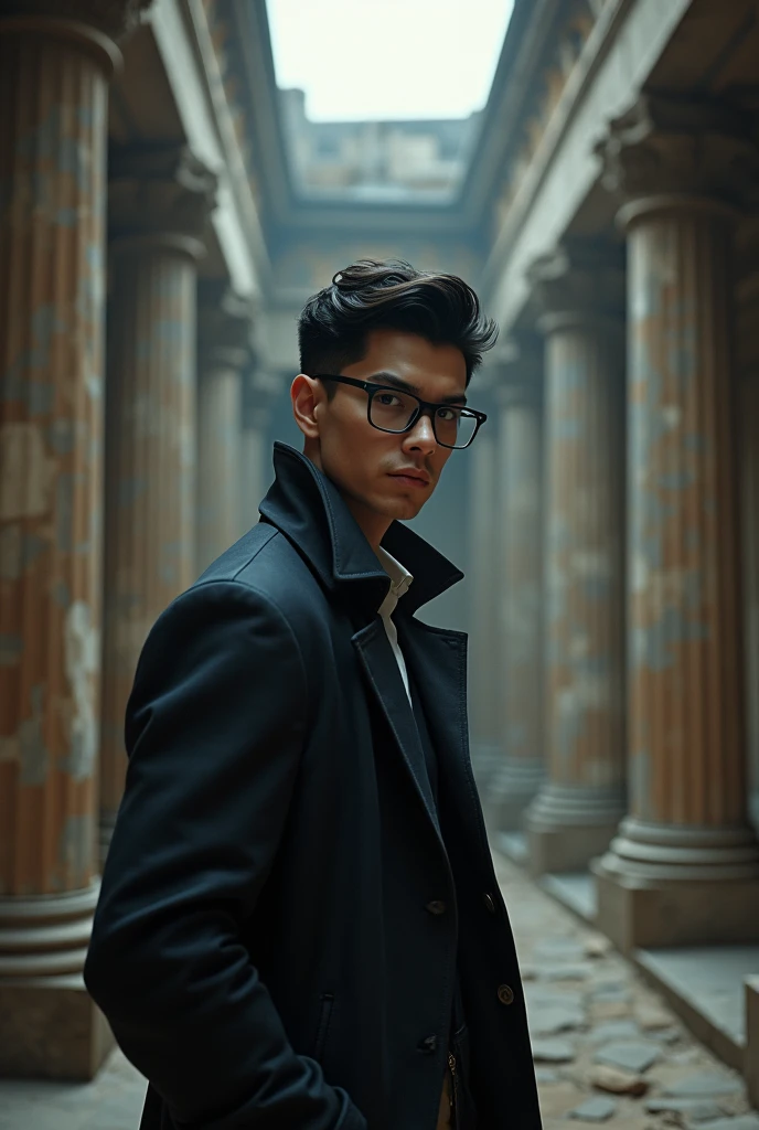 ,handsome boy,detective,Wear glasses,black hair,In an ancient site