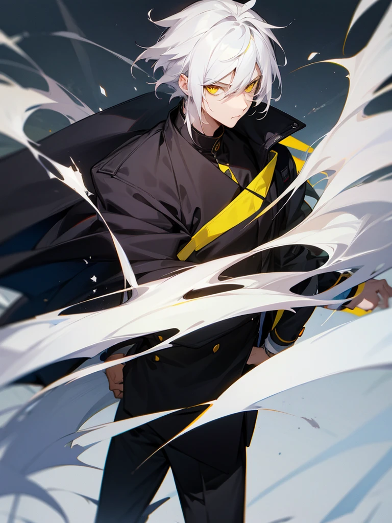 Solo, 1 male, white hair, black blindfold, black shirt, black coat, white scythe