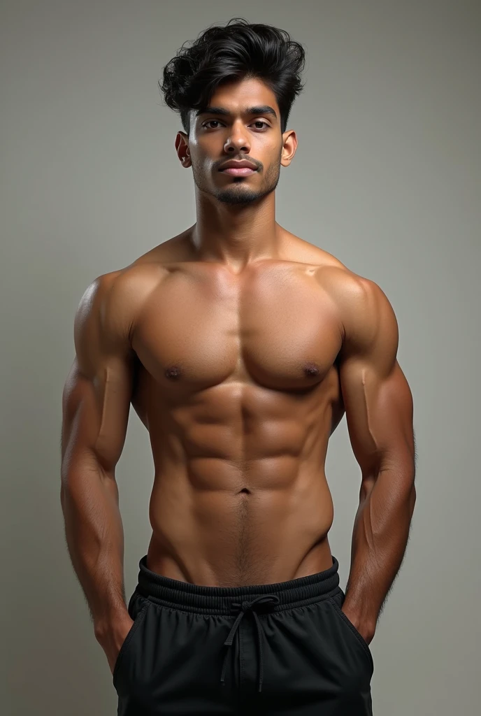 Make a Indian with shredded physique made in 1.5 years after being fat it should look natural and masculine.. make abs a bit invisible
