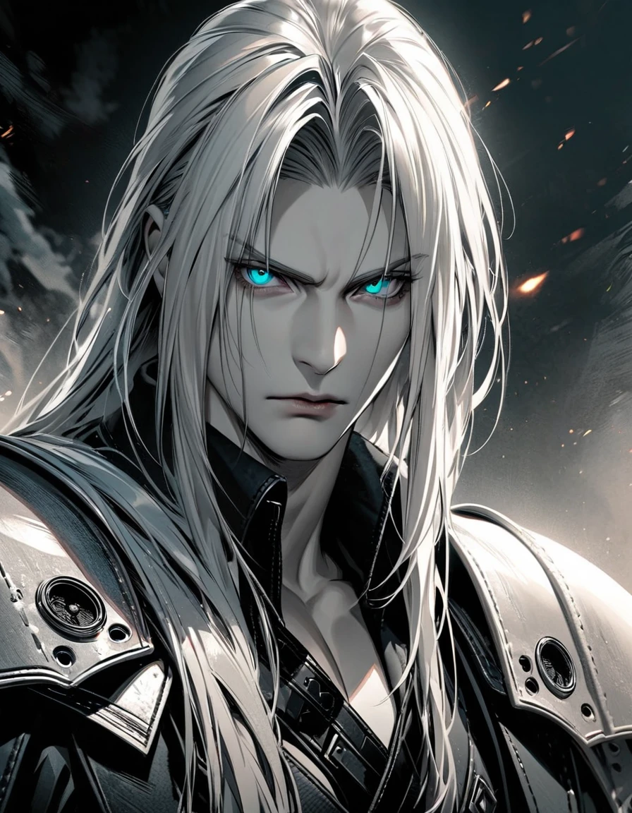 Ultra detailed, Highres, absurdres, HDR, Sephiroth, silver hair, Final Fantasy VII Remake, handsome, 1 man only, very detailed face and eyes, monochrome , serious, portrait, fullbody