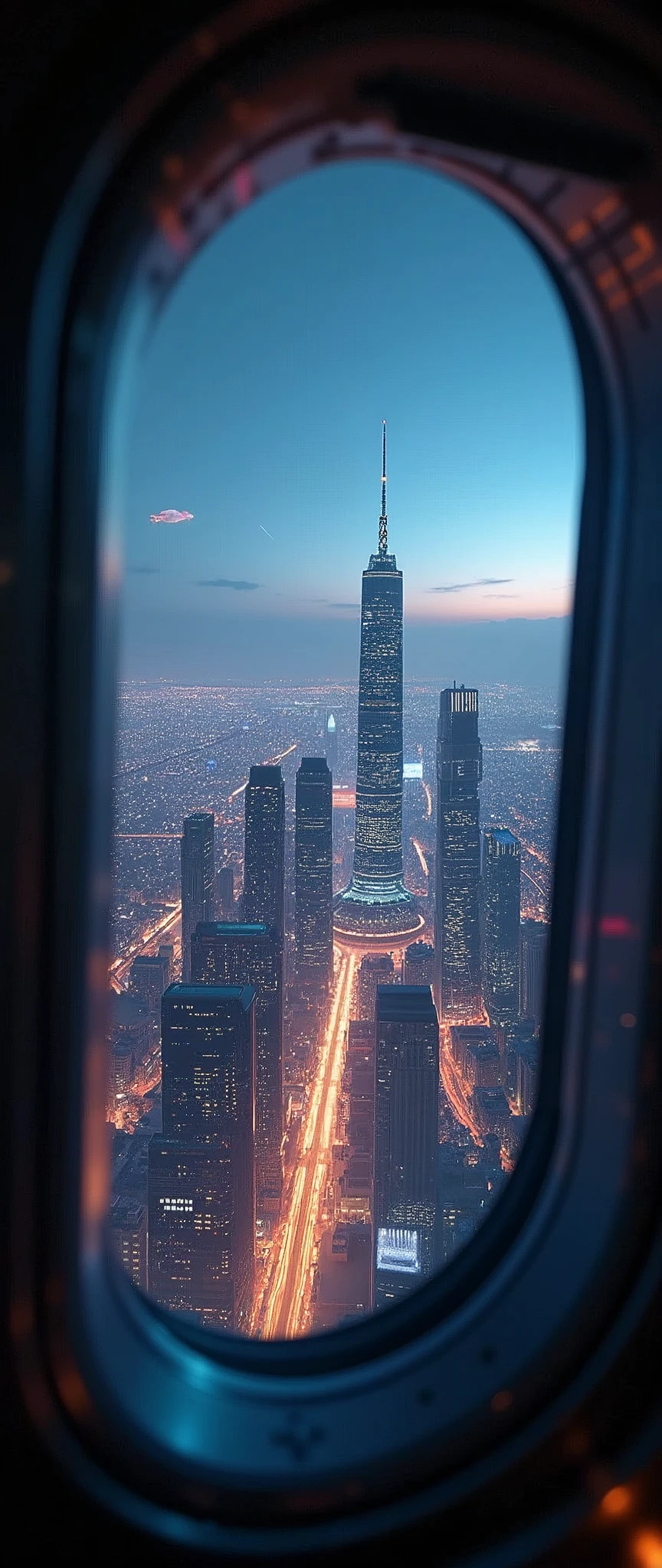 Future city seen from a spaceship window:1.5,night,beautifulnight景,Flying Spaceship,Skyscraper,masterpiece,Highest quality,Ultra-high resolution,(Very detailed:1.2),8k,Realistic,Best aesthetics,beautiful