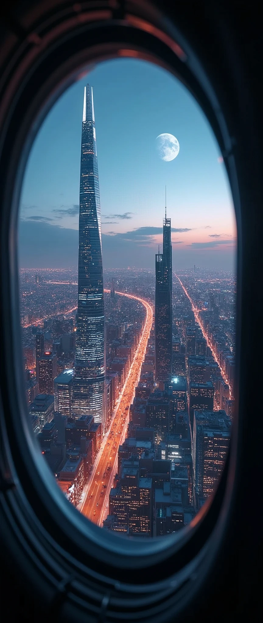 Future city seen from a spaceship window:1.5,night,beautifulnight景,Flying Spaceship,Skyscraper,masterpiece,Highest quality,Ultra-high resolution,(Very detailed:1.2),8k,Realistic,Best aesthetics,beautiful