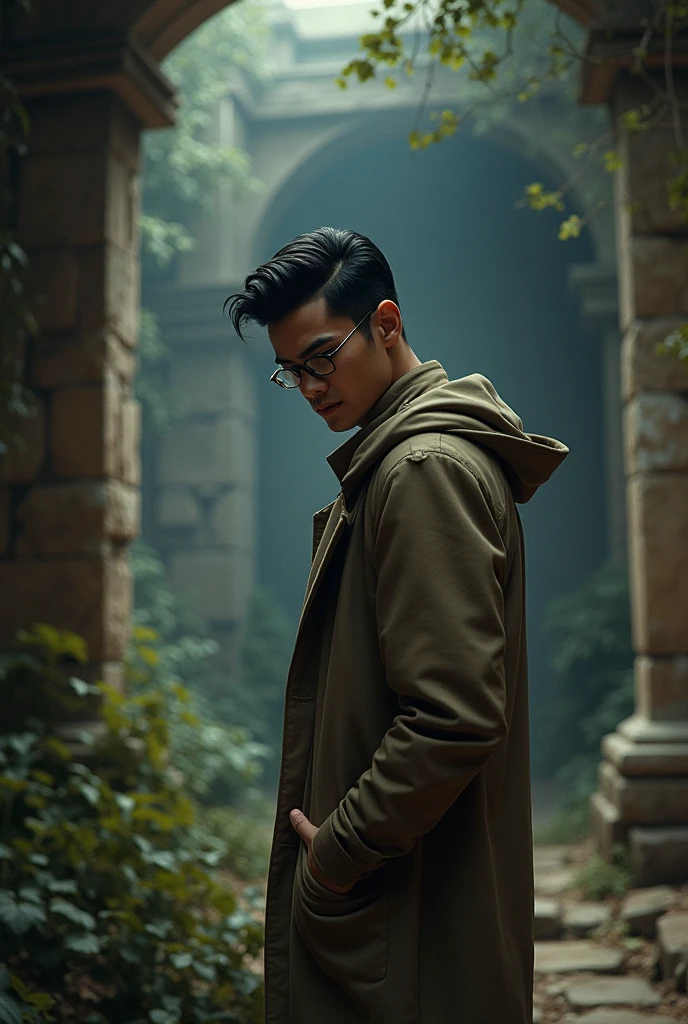,handsome boy,detective,Wear glasses,black hair,In an ancient site,sleeved