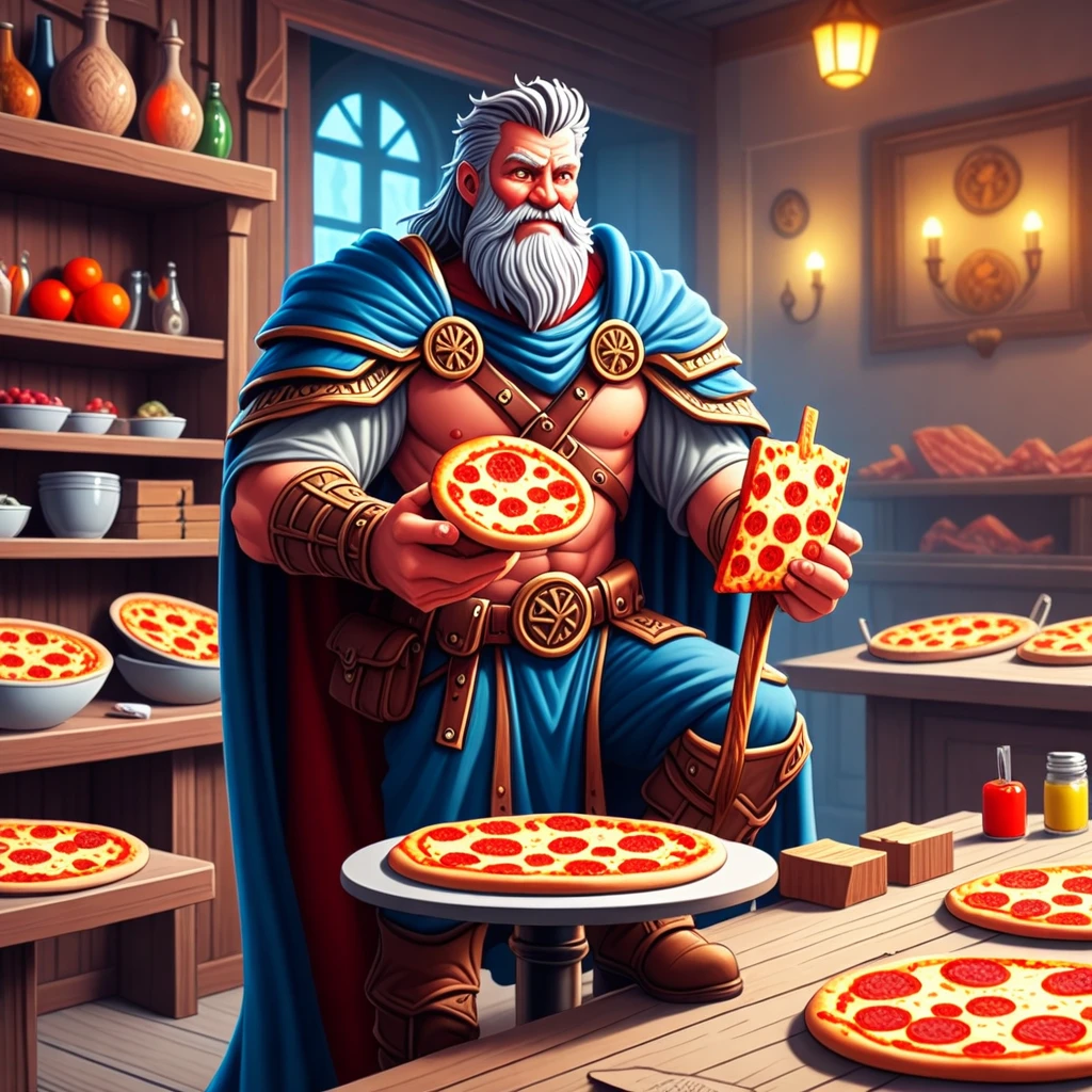 odin smiling with a slice of pizza in his hand, halls of valhalla, cartoon, pizza style, illuminated environment