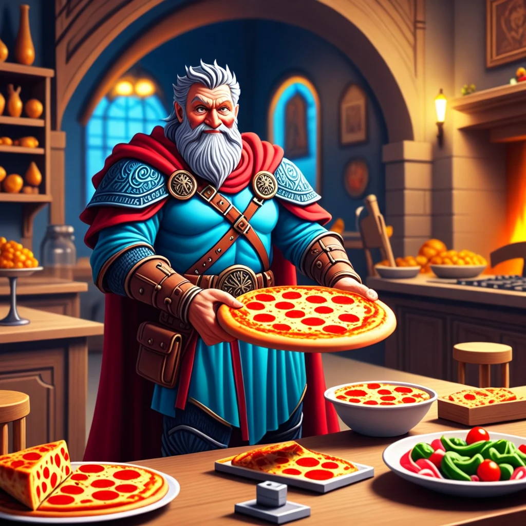 odin smiling with a slice of pizza in his hand, halls of valhalla, cartoon, pizza style, illuminated environment