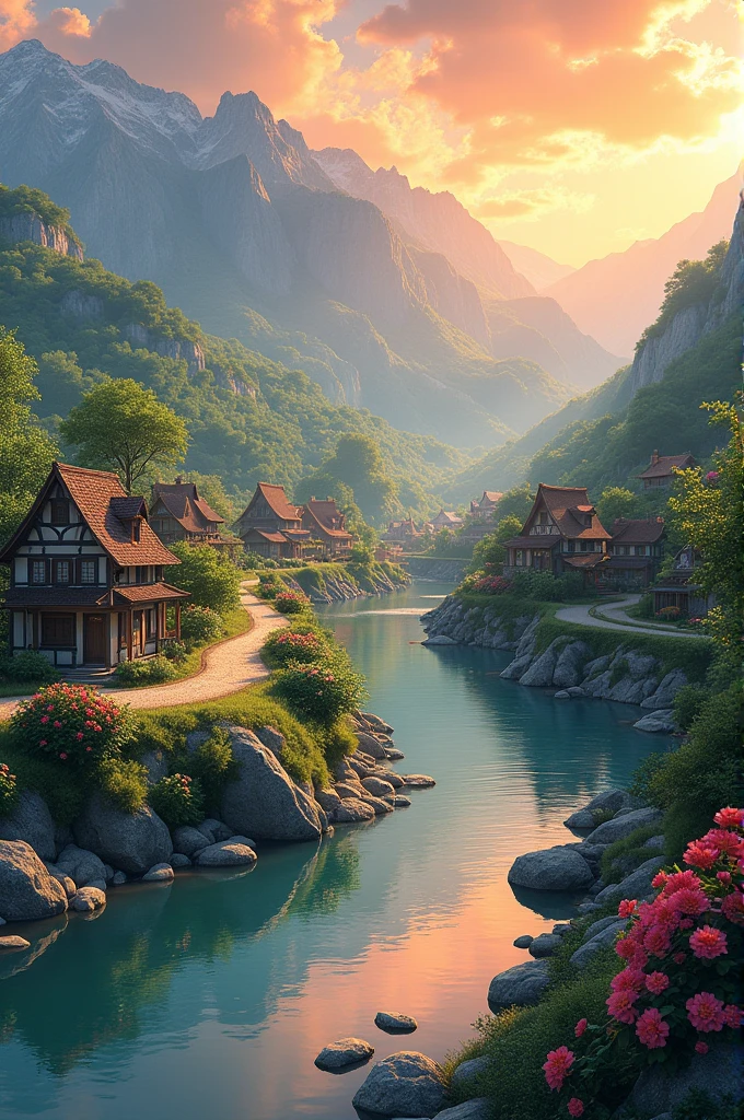 a small village by the river, mountains in the background, floral flowers colorful, detailed landscape, Beautiful natural landscapes, atmospheric lighting, scorching sunset, warm colours, practical, photopractical, Detailed Foliage, complex buildings, cobblestone street, Charming country house, swirly vibrant colors, lush vegetation, Still water reflections, Picturesque, idyllic, work of art, best qualityer, 8k, extremely detaild,anime styling