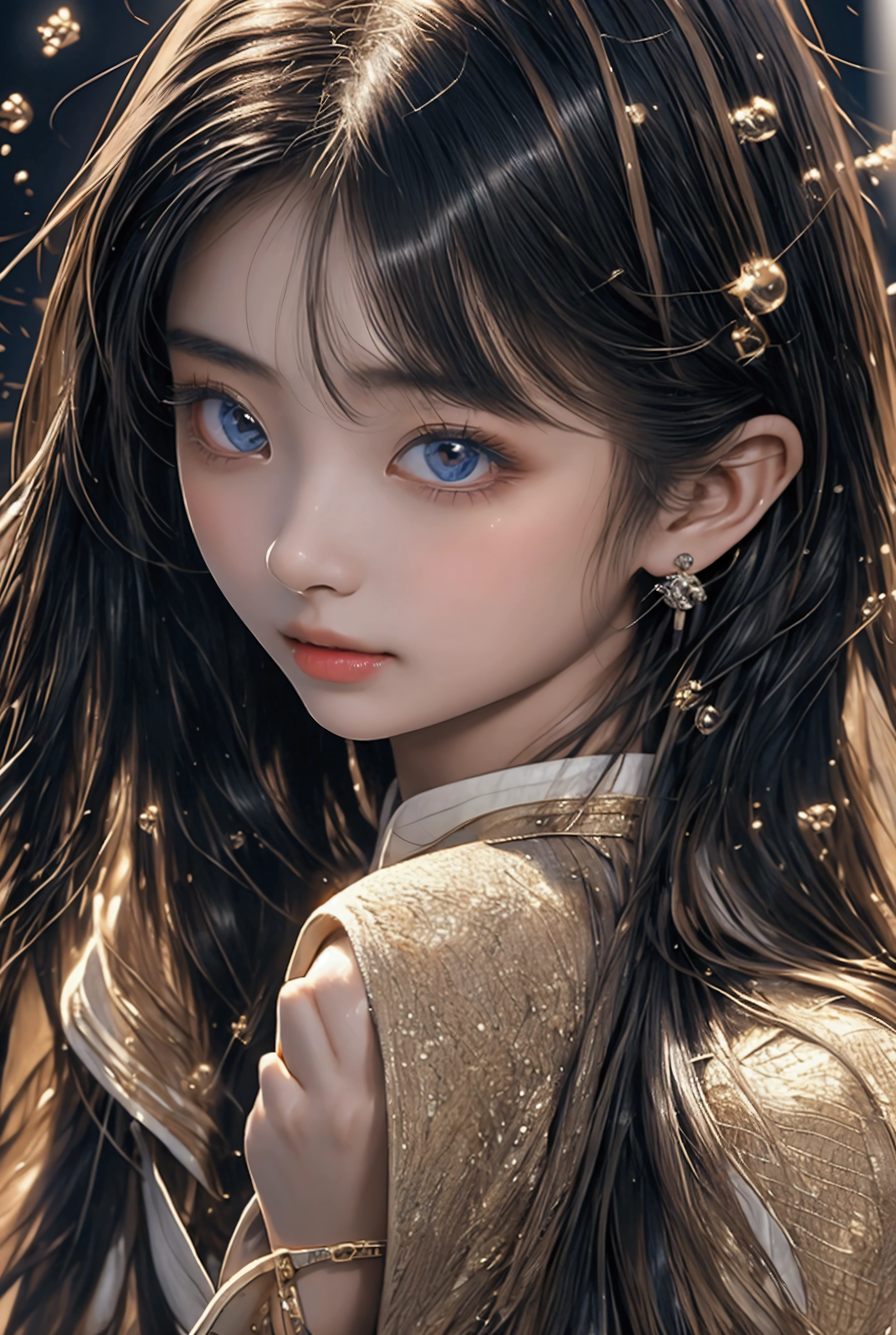Highest quality、4K wallpaper、masterpiece、Very detailed 、Very fine grain、Super detailed、Intricate details、1:One girl,slim(Hair that grows to the waist,)Look up 1. The girl who has lost her love is in the center.、Face up 1 sad shy girl in center neon pop abstract art style、public、Very fine bubble stream、Very fine chains with gentle movement、surreal background,