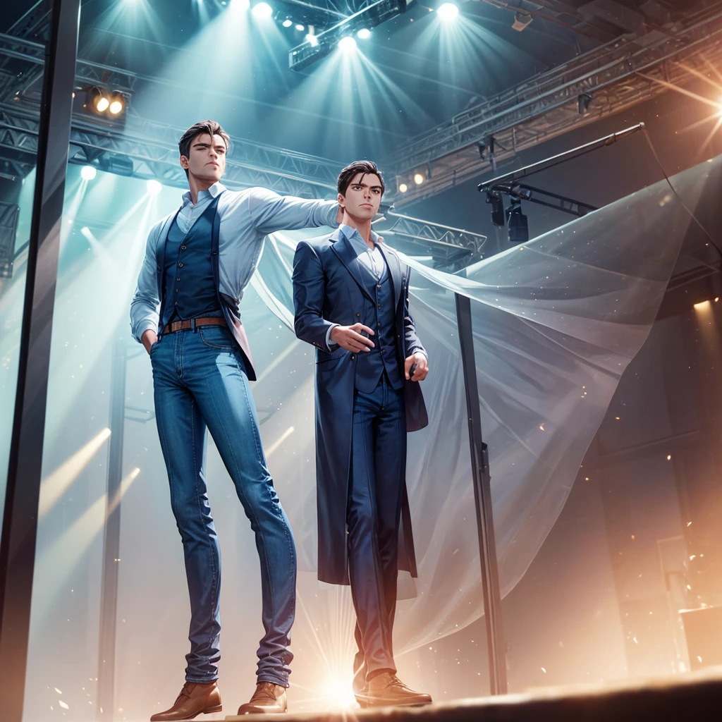 ONE handsome well-built wheatish skinned man in formal shirt and denim pants, standing straight at a distance. Background is minimal with very bright concert lights and lens flares. (high resolution, hyper-detailing), masterpiece, best quality.