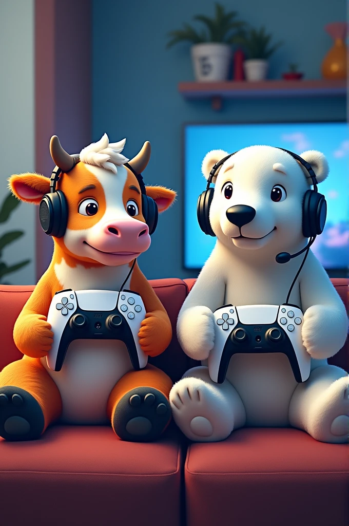 Photo for YouTube channel cover of a cow and a polar bear playing video games, both with PS5 controller in hand and both with headset on their heads