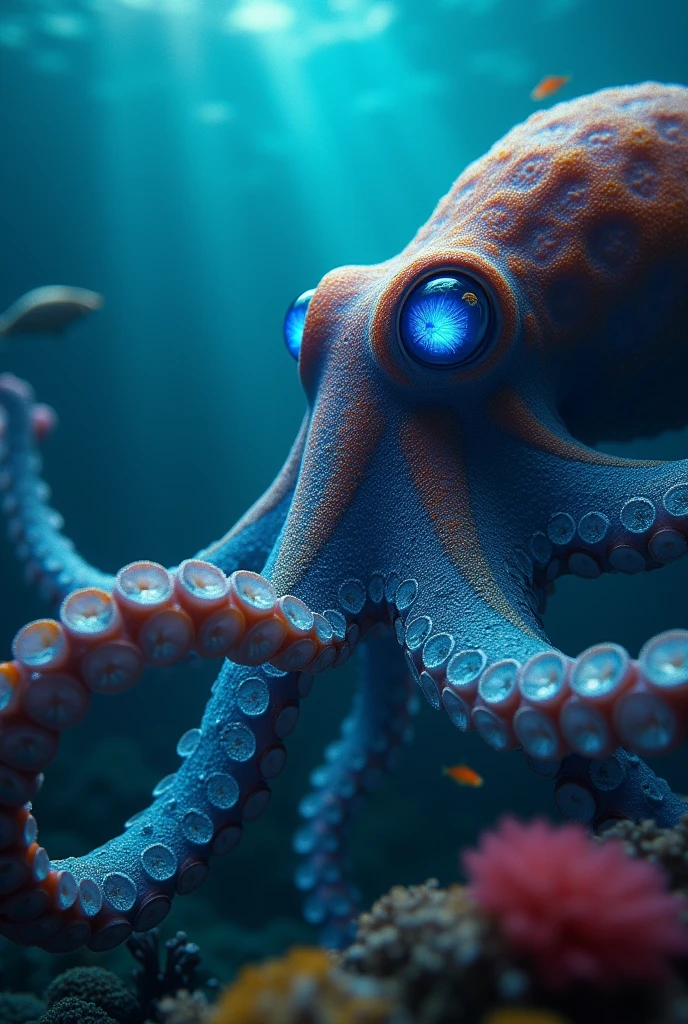 A close-up image of an octopus underwater, with a clear view of its three hearts glowing softly inside its semi-translucent body. The octopus's veins are highlighted in a bright blue, showing the flow of its copper-rich blood. The ocean water around is deep and dark, with faint rays of light penetrating from above. The octopus's eyes are large and curious, reflecting the deep sea environment. Small fish and coral can be seen in the background, adding depth to the scene.