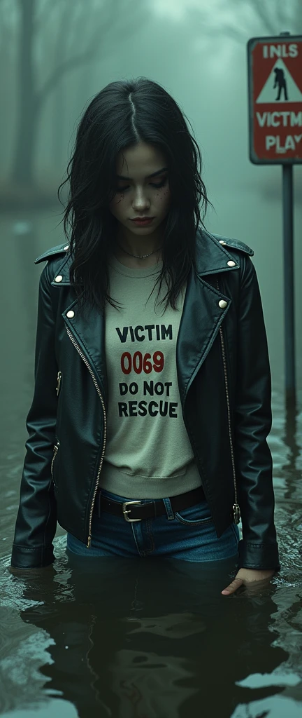 woman, bib "VICTIM 0069 DO NOT RESCUE", moncler ultra-short sporty collar only down jacket, muddy flared jeans, stuck in mud bog,pale ethnic patterns ritual makeup, cold, red lips, sexy posing, bob haircut, red fog, blue, green, posing,