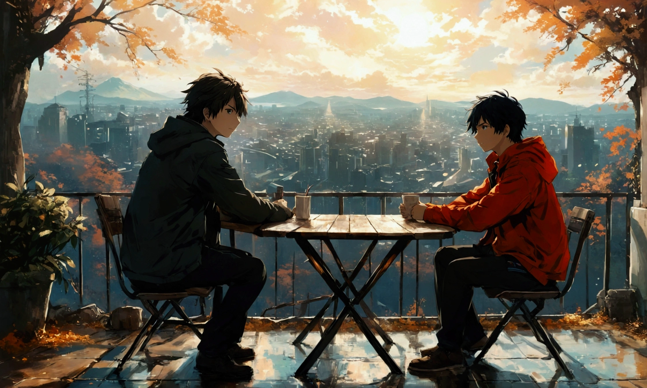 anime painting of two people sitting at a table with a view of a city, anime style 4 k, 4k anime wallpaper, guweiz and makoto shinkai, yusuke murata and makoto shinkai, anime wallpaper 4k, anime wallpaper 4 k, anime art wallpaper 8 k, anime art wallpaper 4 k, anime art wallpaper 4k