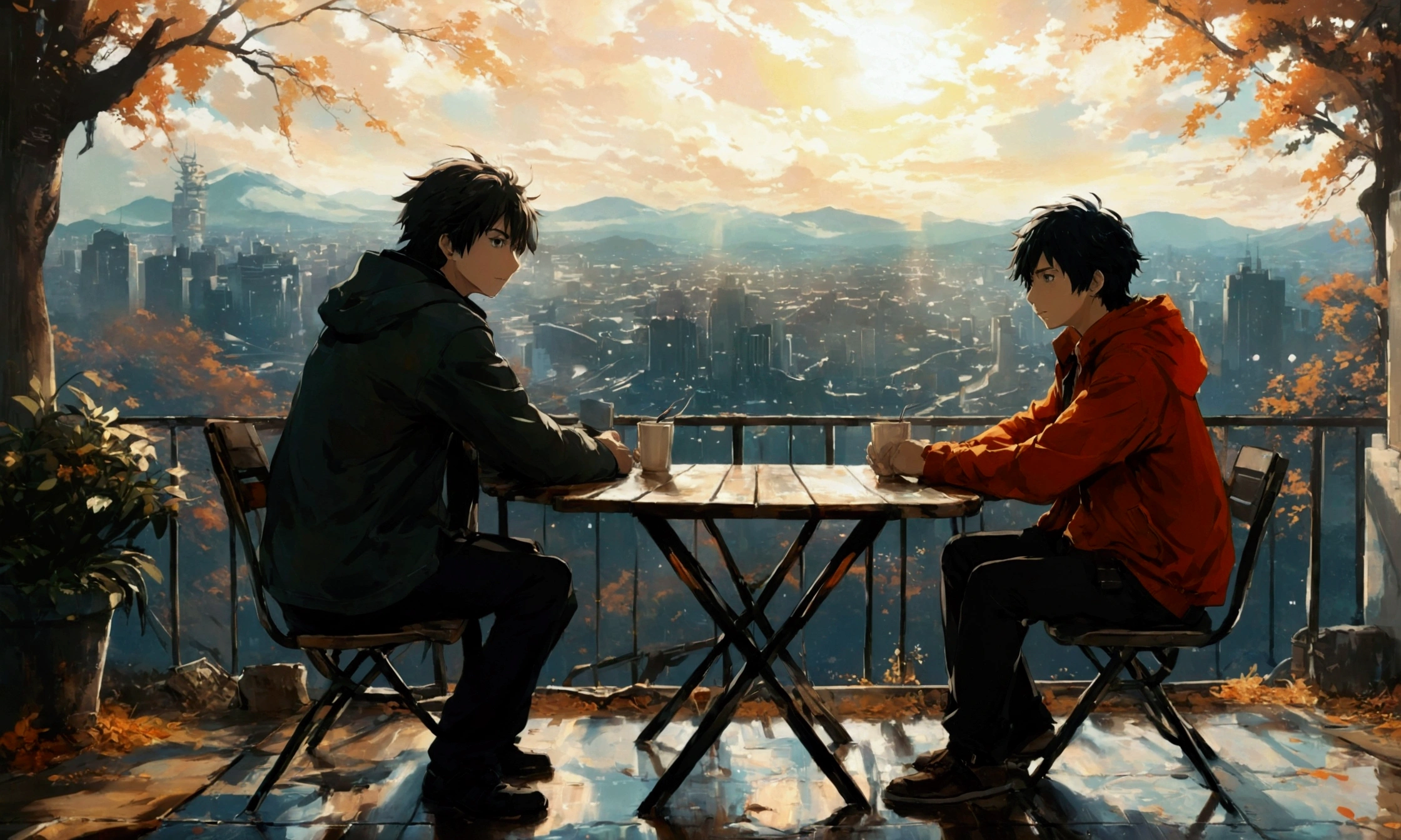 anime painting of two people sitting at a table with a view of a city, anime style 4 k, 4k anime wallpaper, guweiz and makoto shinkai, yusuke murata and makoto shinkai, anime wallpaper 4k, anime wallpaper 4 k, anime art wallpaper 8 k, anime art wallpaper 4 k, anime art wallpaper 4k