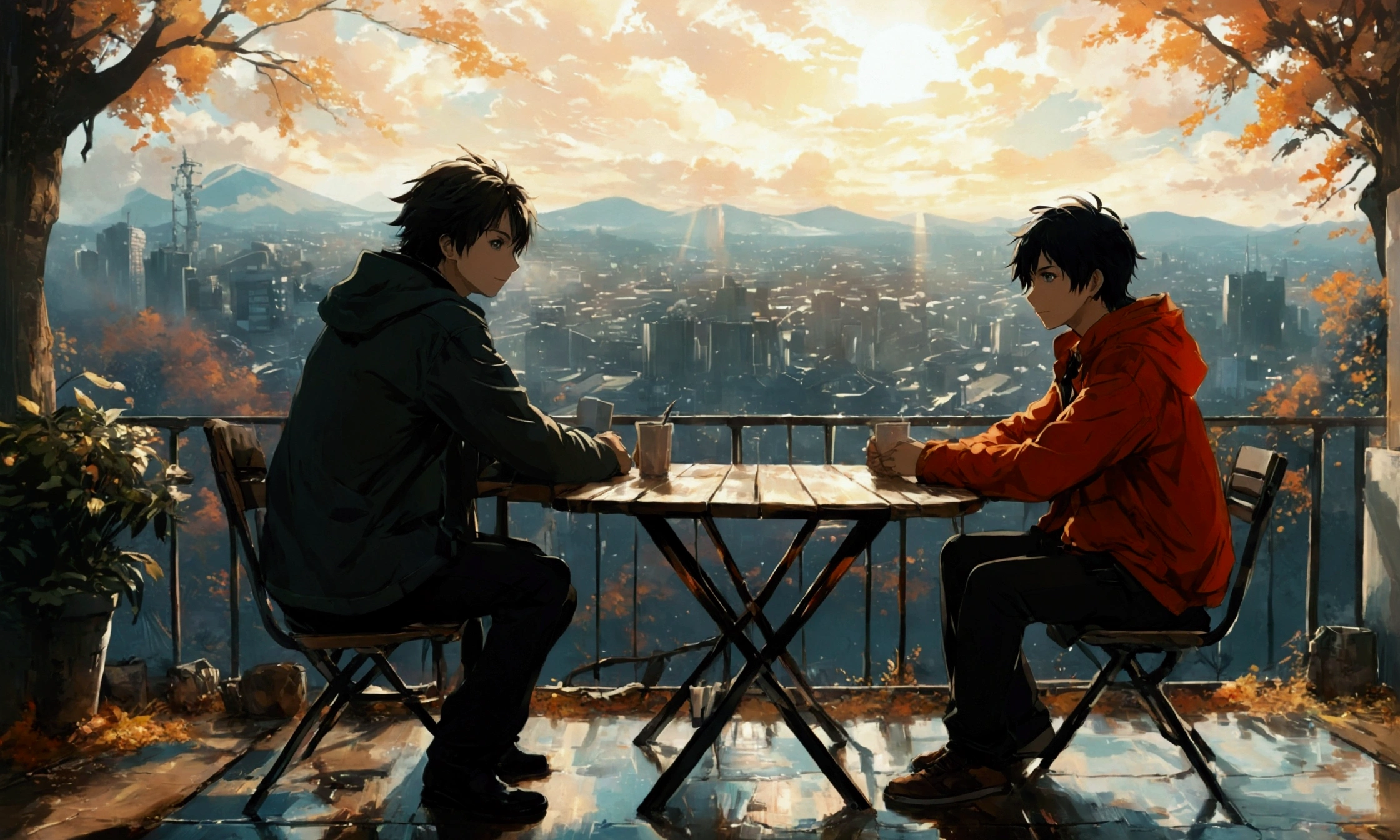 anime painting of two people sitting at a table with a view of a city, anime style 4 k, 4k anime wallpaper, guweiz and makoto shinkai, yusuke murata and makoto shinkai, anime wallpaper 4k, anime wallpaper 4 k, anime art wallpaper 8 k, anime art wallpaper 4 k, anime art wallpaper 4k