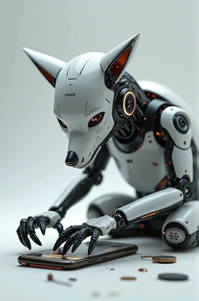 Robot wolf repairing a cell phone without background image