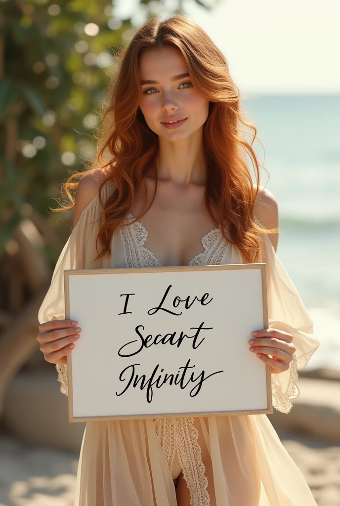 Beautiful girl with wavy long hair, bohemian dress, holding a white board with text "I Love Seaart Infinity" and showing it to the viewer