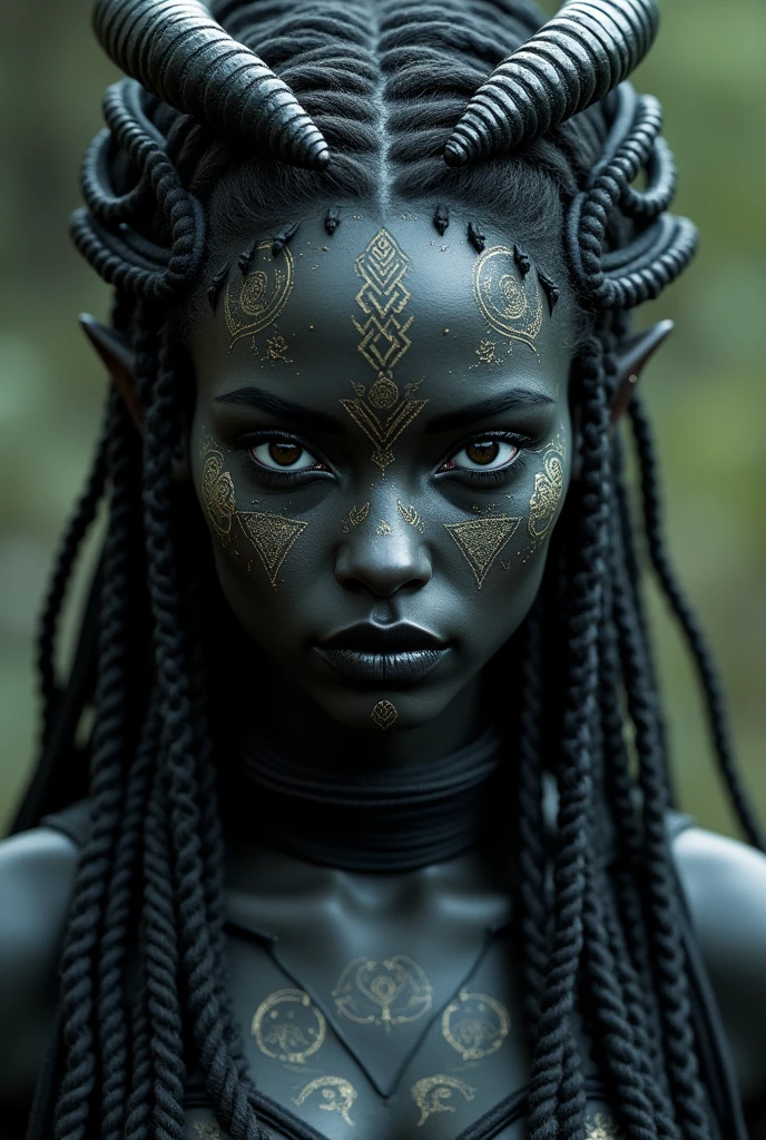 a close up of a woman with tattoos on her face, dark elf, fractalpunk, braided intricate hair, matte painting portrait shot, beautiful female android, pitchblack skin, she is dressed in shaman clothes, tattooed face, cryptopunk, heavy makeup