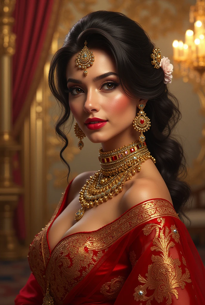 A young realistic woman adorned in very elegant traditional sexy Indian attire, cute and sexy face, very very enormous breasts(boobs), sexy body type, sexy outfit, sexy smile. Indian wedding (realistic perfect face)) leaning left