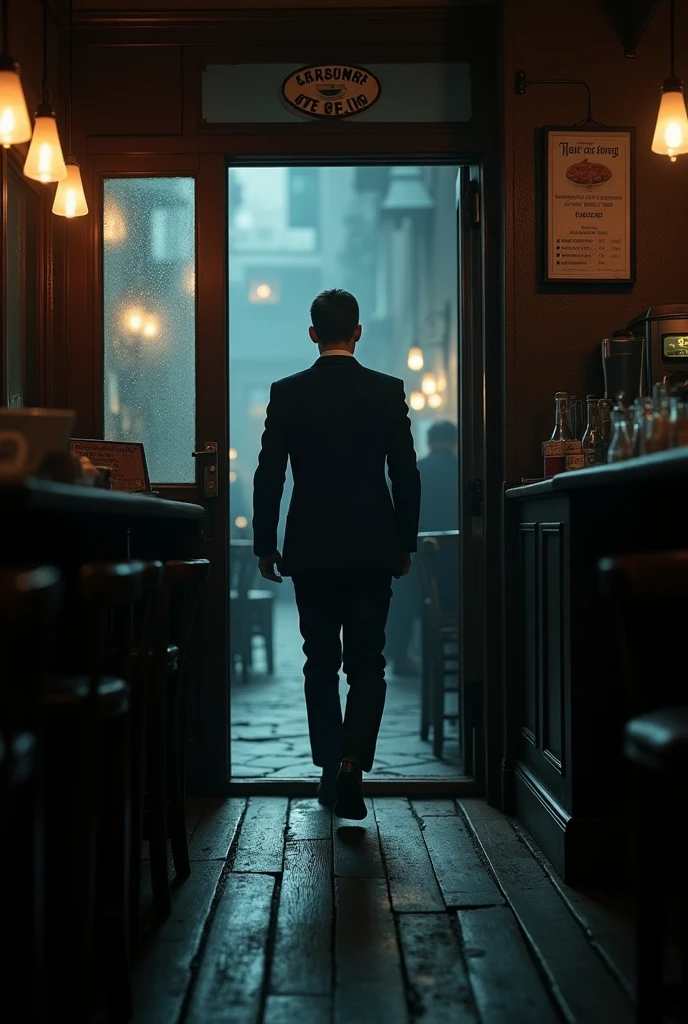 A young dashing man walks in , blurred face , old coffee shop , dark theme , darkness , man approaches the counter