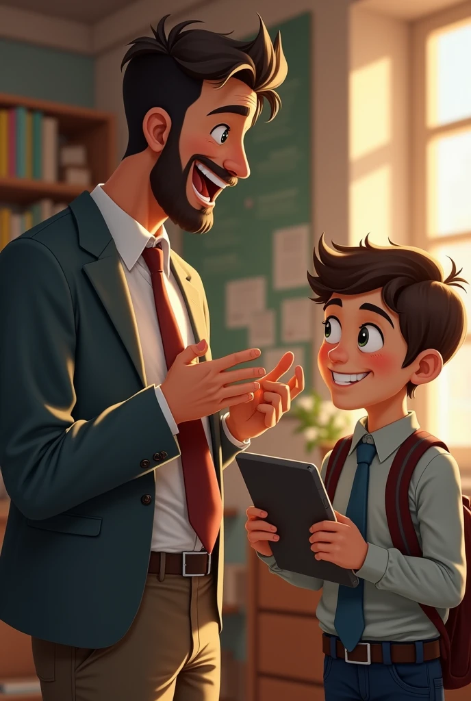 Young boy reporter in school hold ipad and speak with male teacher