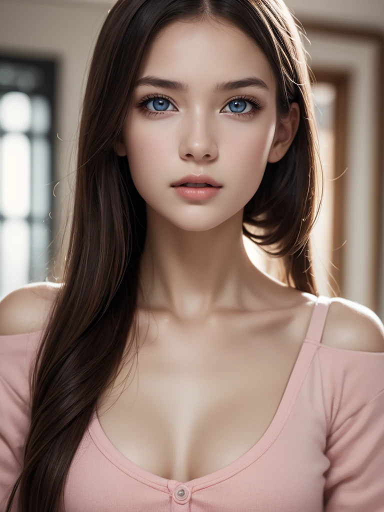 1girl, ((Best Quality)), (Ultra-detailed), (extremely detailed CG unified 8k wallpaper), Highly detailed, High-definition raw color photos, Professional Photography, Brown hair, Amazing face and eyes, Pink eyes, (amazingly beautiful girl), School, crass room,