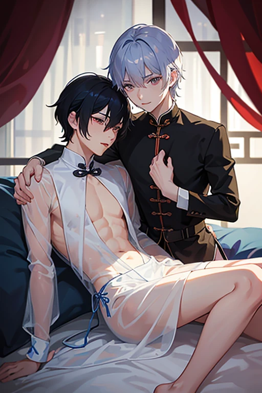 (Situation)Two men, mutual love, young men, BL, homosexual, sex between men, two men lying on a bed, facing each other, kissing while looking at each other, dark room at night, Chinese style
(Common appearance) A man dressed as a woman, a slender man, a man in Chinese-style sexy lingerie with see-through fabric, a man in a Chinese dress with see-through fabric, women's clothing, elbow-length gloves with see-through fabric, see-through socks, nipples showing through thin fabric, pectoral muscles, bulging crotch, penis visible, erect penis
(1st person) A boy around , black hair, purple eyes, ecstatic expression, shyness, feeling good, chest muscles, rubbing chest
(Second Person) A man in his 20s with silver hair and green eyes, an ecstatic expression, embarrassed, and feeling good. He is lying on the bed with his legs spread and rubbing his crotch.